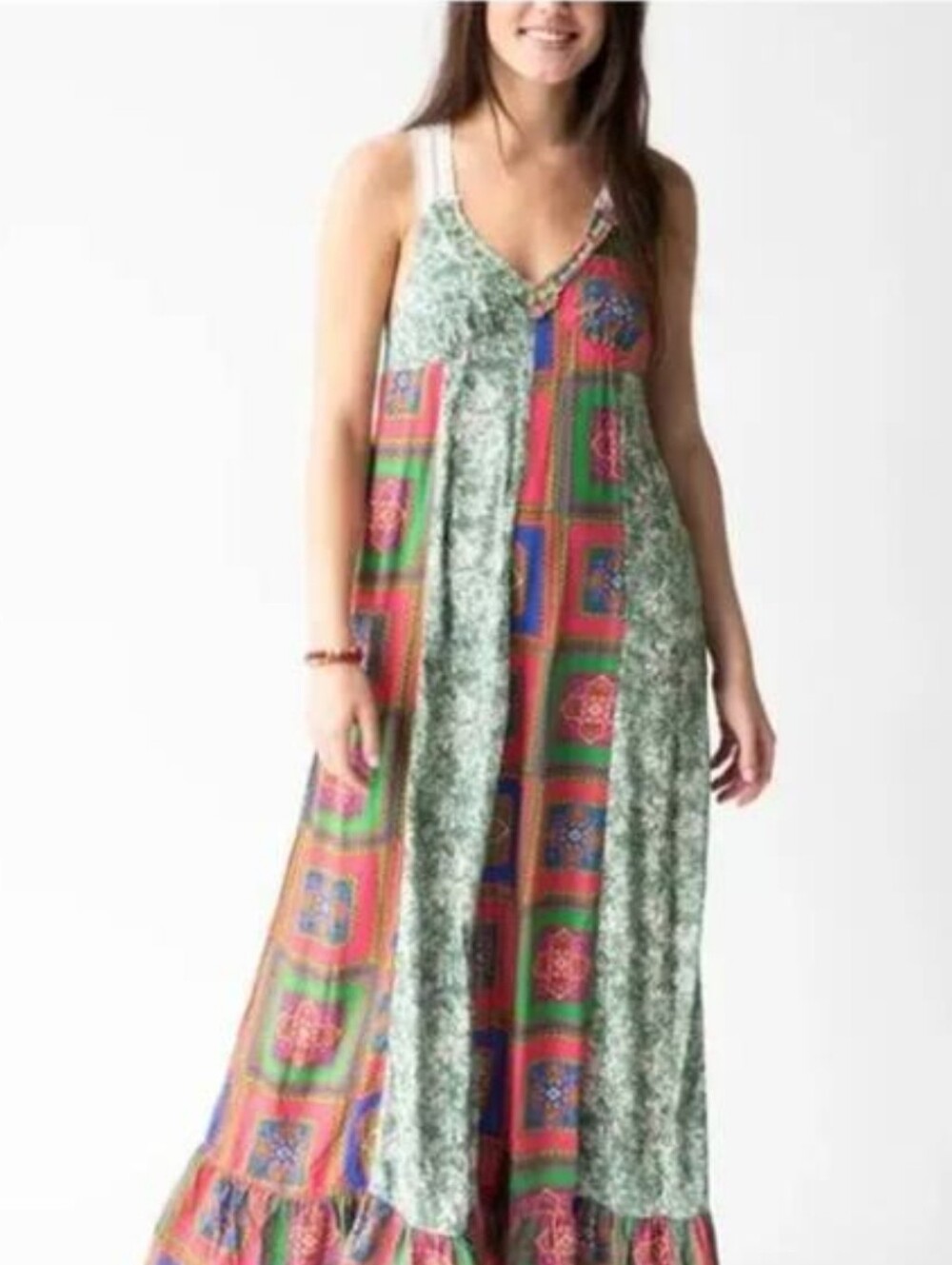 Natural Life Amina Crocheted Lace Racerback Beaded Boho Maxi Dress Pink Green L
